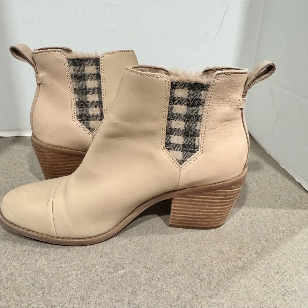 Toms Women Everly Plaid Cutout Block Heel Booties Size 8.5 In Color Sand